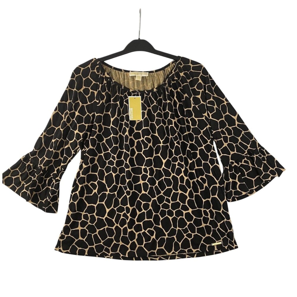 Michael Kors Women's Blouse Size Large Ruffle Sleeve Crew Neck  Print‎